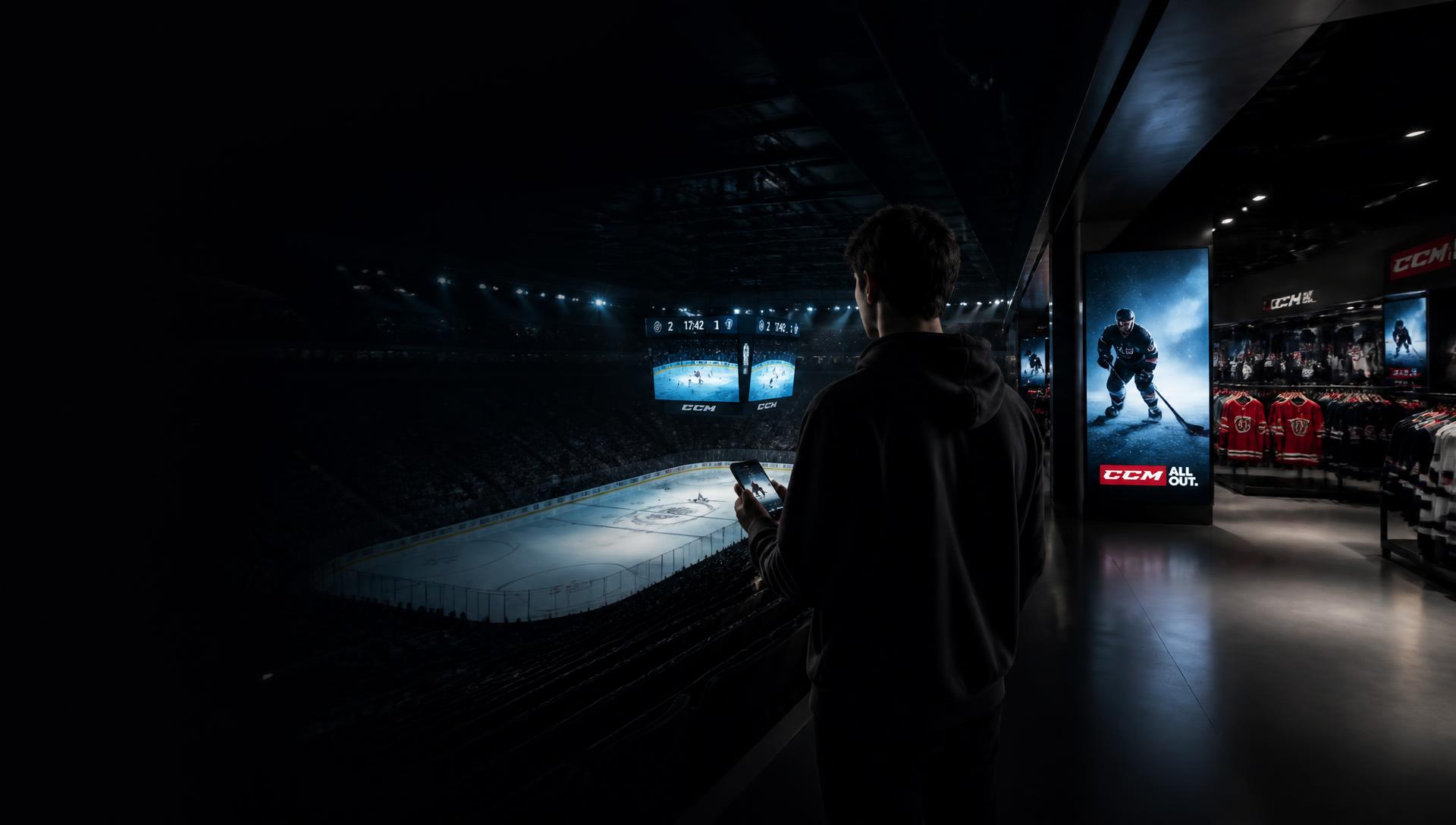 Partisan dans un aréna de hockey consultant son téléphone