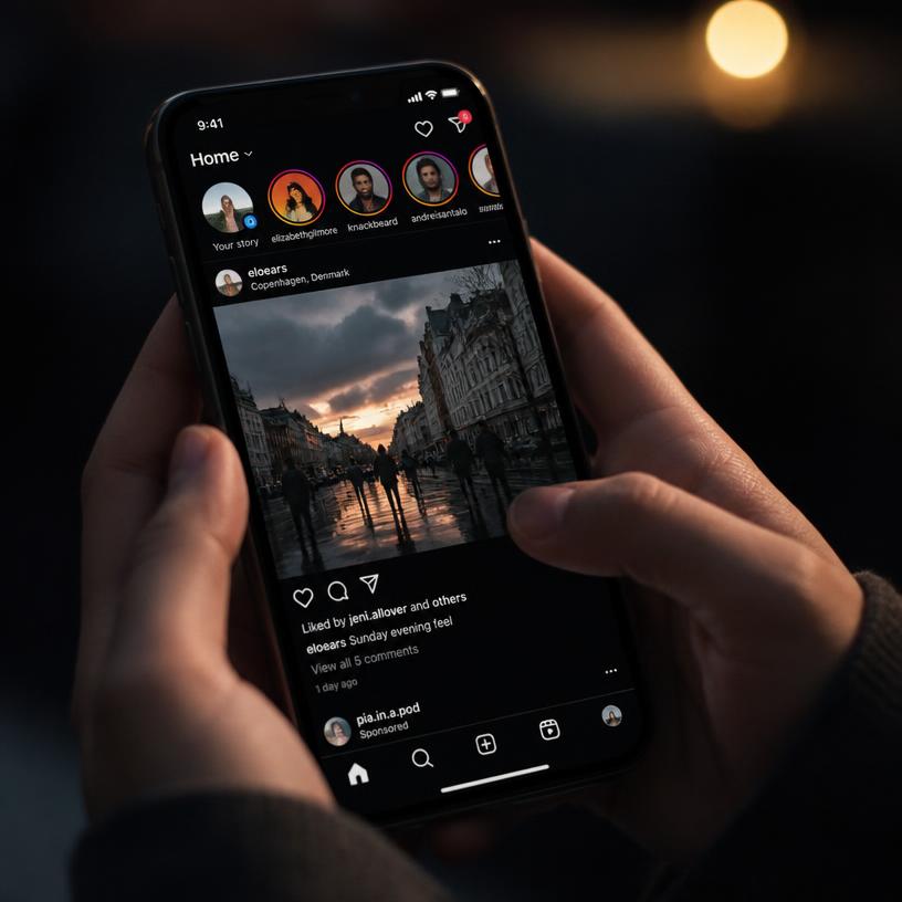 Mains tenant un téléphone affichant un fil de réseaux sociaux