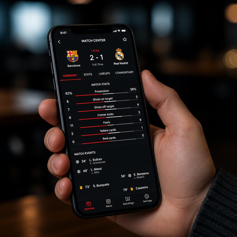 Téléphone affichant une application de statistiques sportives