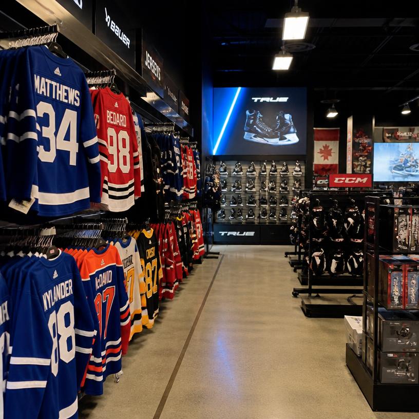 Allée d'un magasin de sport avec chandails et équipement